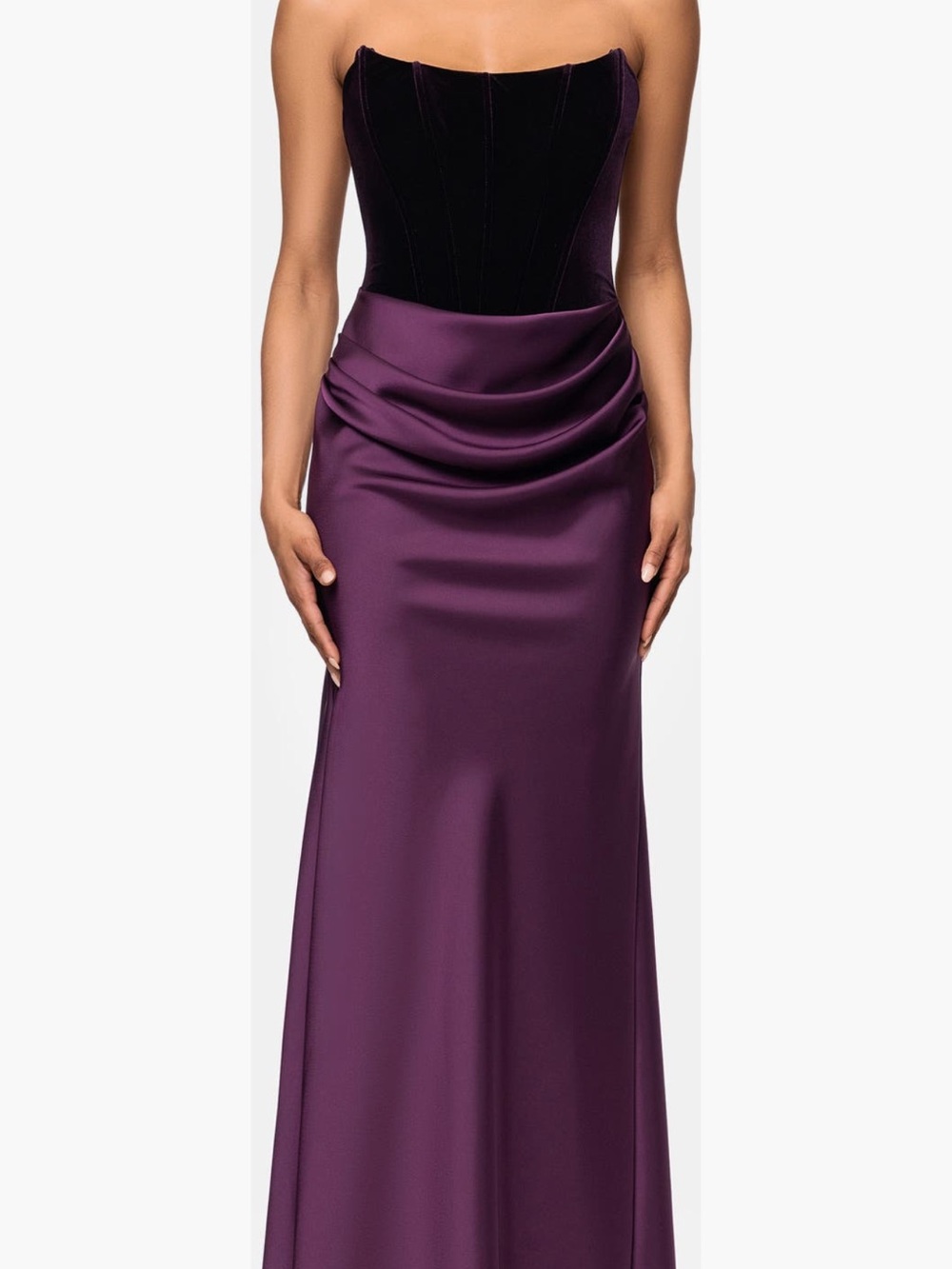 Betsy & Adam Strapless Satin Gown in Plum with Velvet Bodice